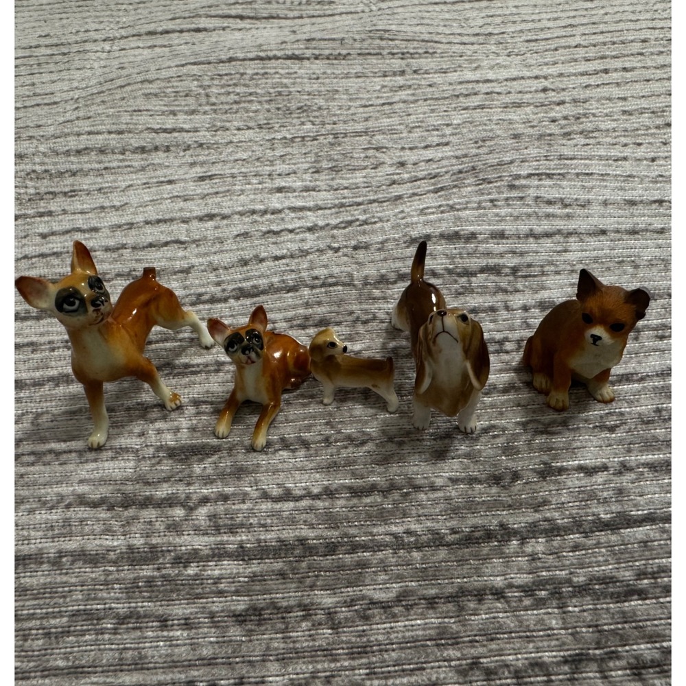 Vintage Ceramic Dog Figurines Set of 5 Miniature Chihuahua Basset Hound Pottery